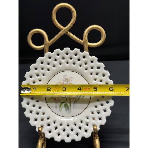 Vintage White Lattice-Edged Plate with Pink Lilies | 6" Made in Japan - Picture 6 of 6